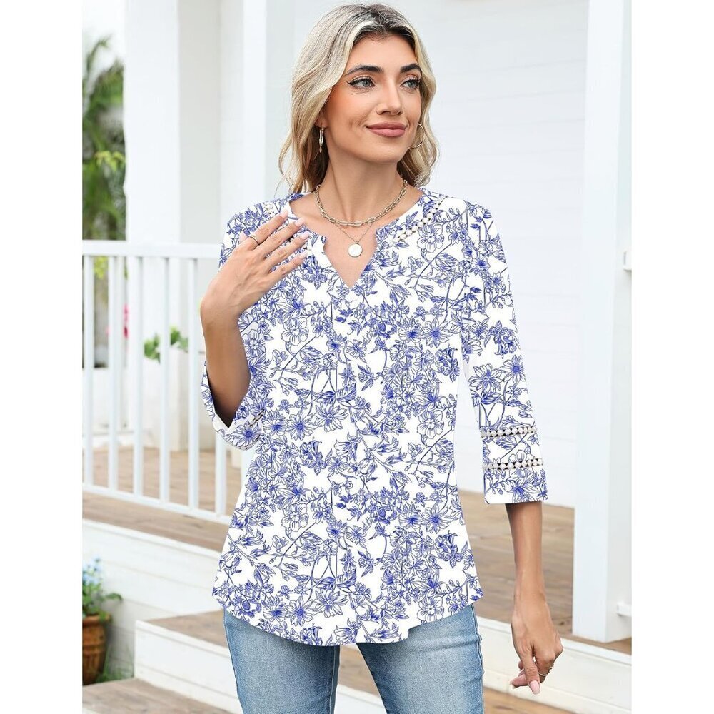 Womens Lace Embroidered V Neck Tunic Top Summer Casual Loose Fit - Picture 4 of 5